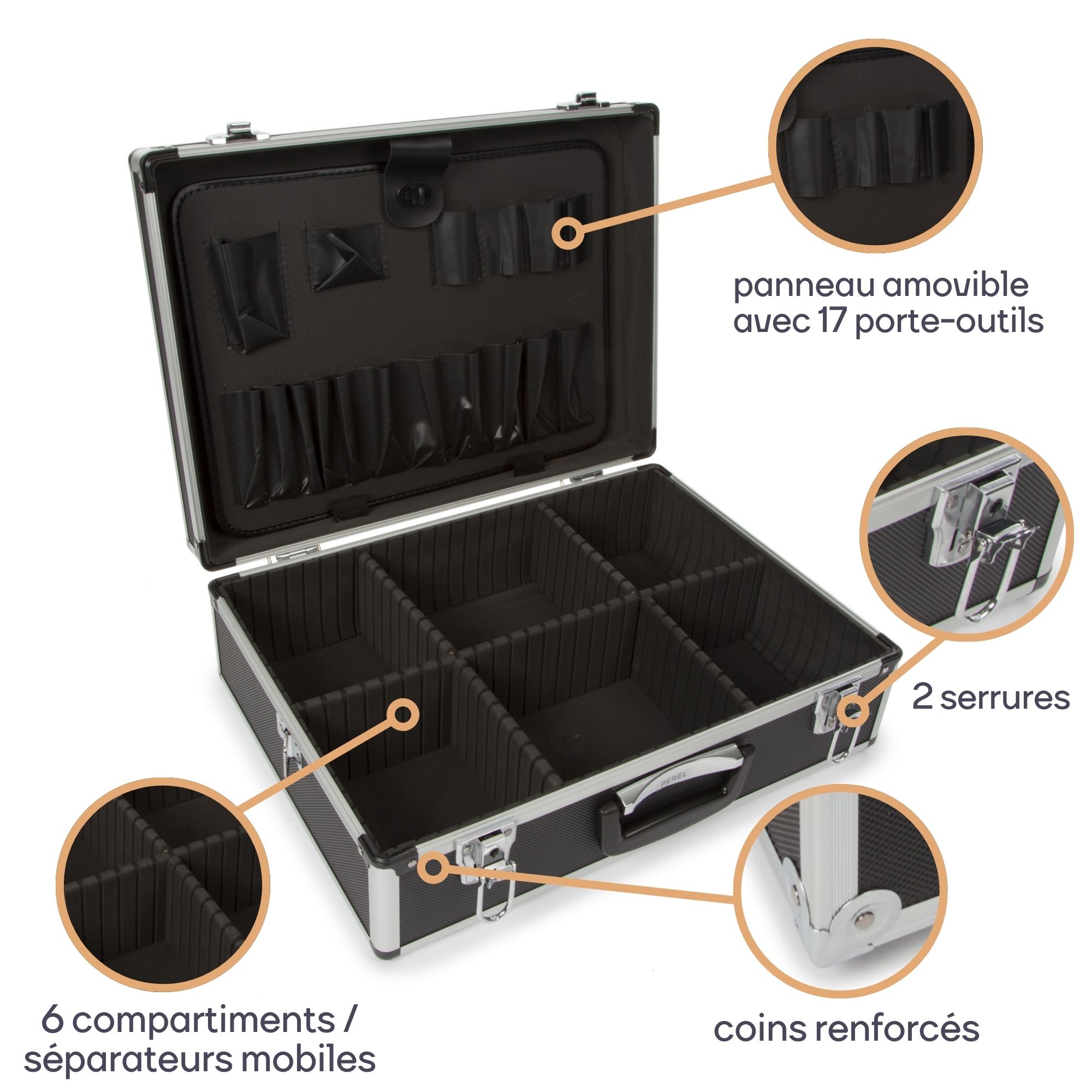 PEREL -1819-N -Mallette à Outils -Aluminium Noir